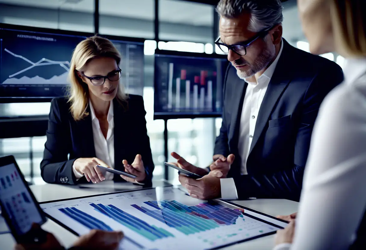 A consultant advising a business leader with charts on a tablet in a professional office.