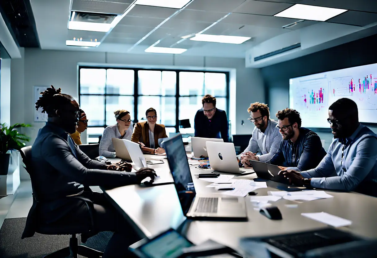 A team of IT consultants working together in a modern office on a digital project.