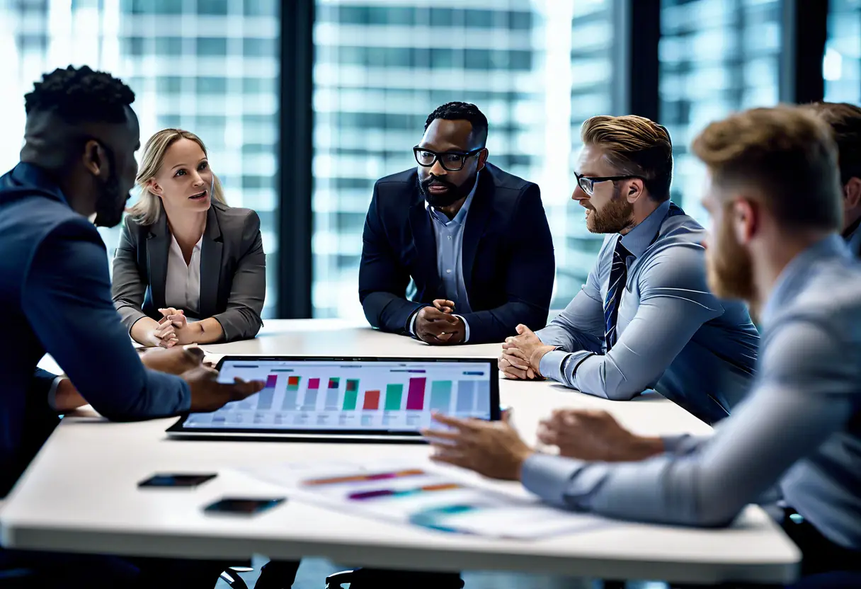 A diverse team in a conference room discussing an IT strategy implementation.