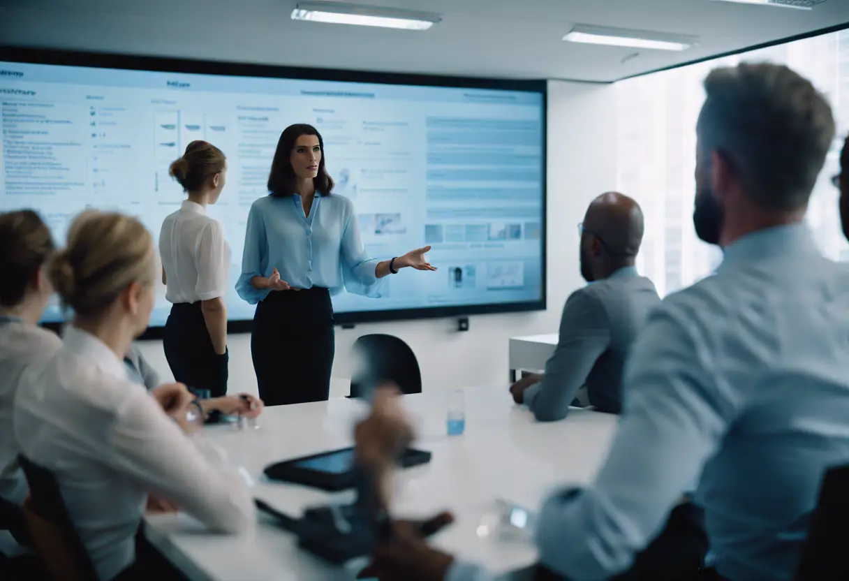A presenter explaining concepts during a training session with engaged professionals.