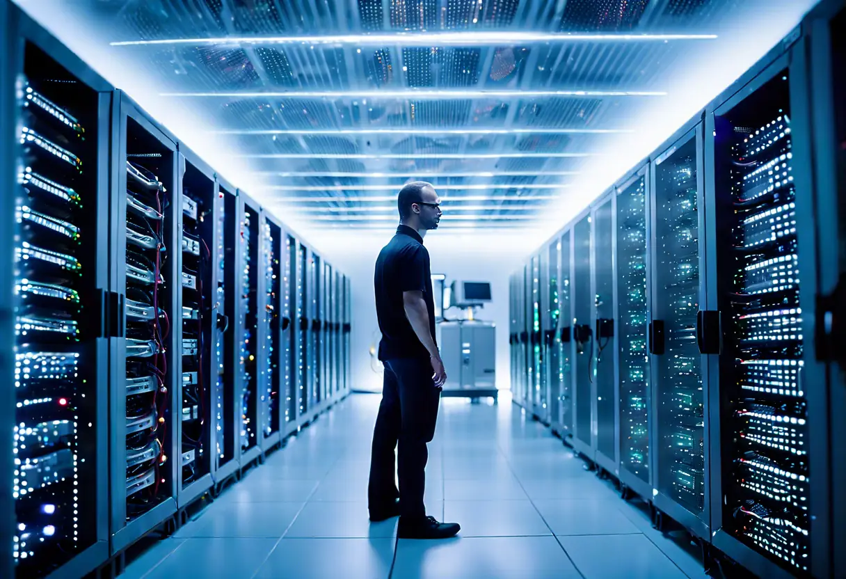 A high-tech server room with advanced equipment and a technician checking the servers.