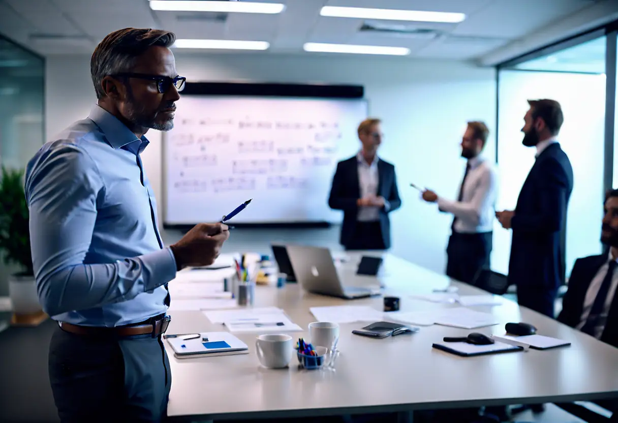 A consultant providing IT strategy advice to a business team in a modern office.