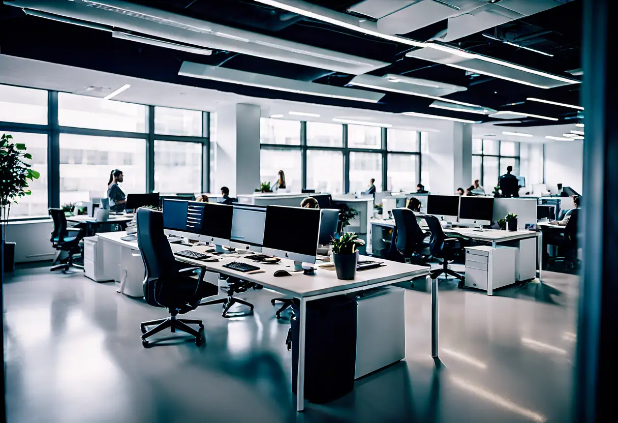 A modern office space with people working on computers, representing a successful digital transformation project.